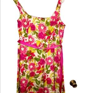 Size 14 ladies dress by Sweet hi waist ribbon belt. Floral pinks sleeveless